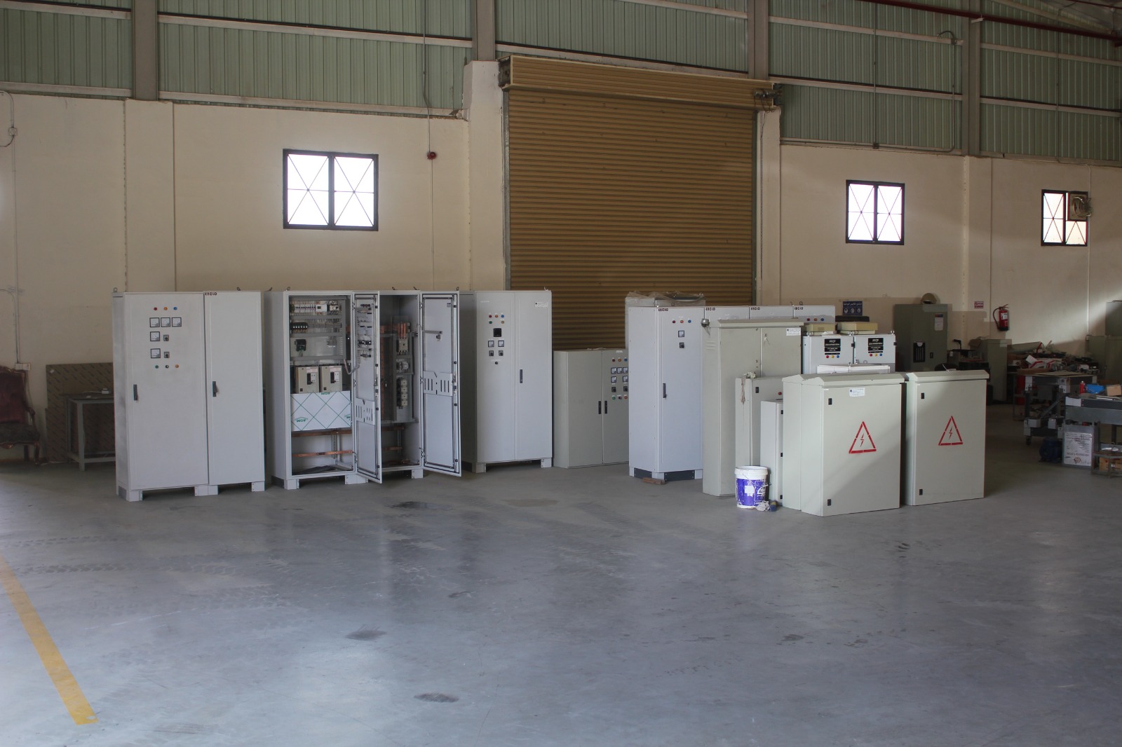 Completed electrical panels on the production floor